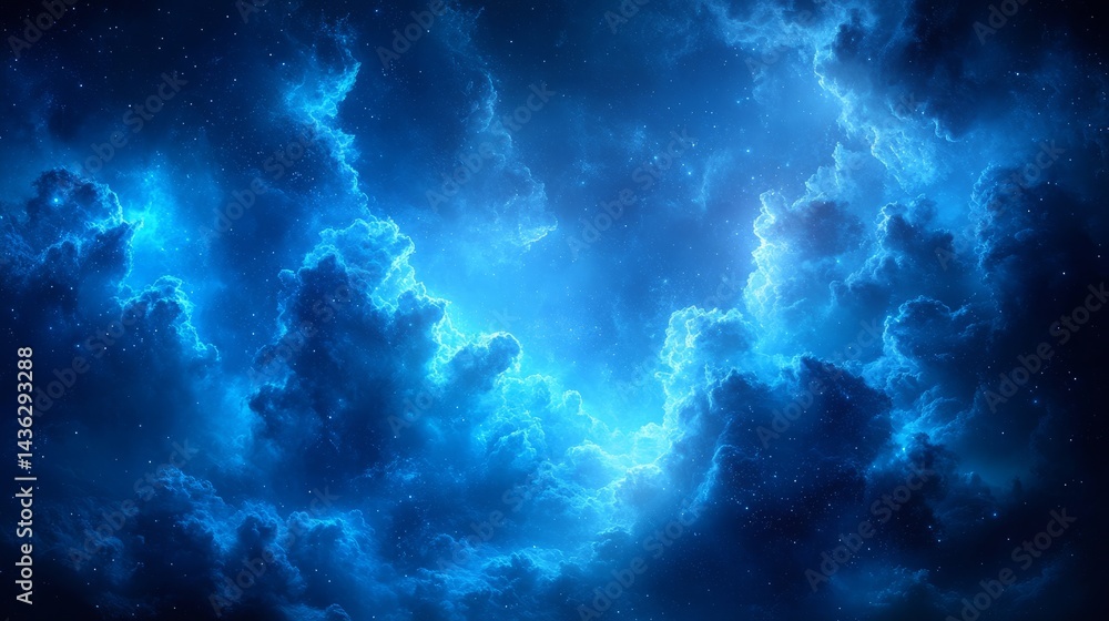 Poster cosmic dance of clouds: an abstract panorama captures a dynamic interplay of luminescent blue clouds