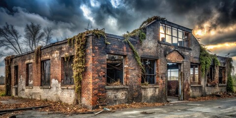 Fototapeta premium A crumbling brick structure, overtaken by nature's persistent embrace, stands silhouetted against a dramatic, brooding sky
