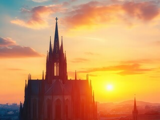 Naklejka premium A grand cathedral s spires glowing under the setting sun, gothic rooftops reflecting warm amber tones