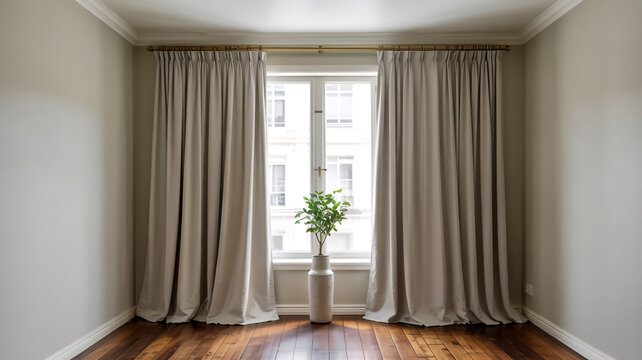 A minimalist interior room with floor-to-ceiling cream-colored pinch pleat curtains hanging from a gold curtain rod mounted on a white crown molding.