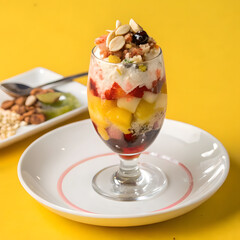 A glass of colorful Faluda isolated yellow background