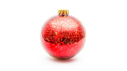 Red glass Christmas ornament with gold glitter, isolated on a pure white background for a festive holiday touch