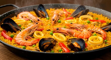 Close up of paella with shrimp mussels squid and peas in a black pan ready to be served meal