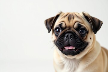 Playful pug puppy poses, white background Close-up view , companion, photography, pet photography