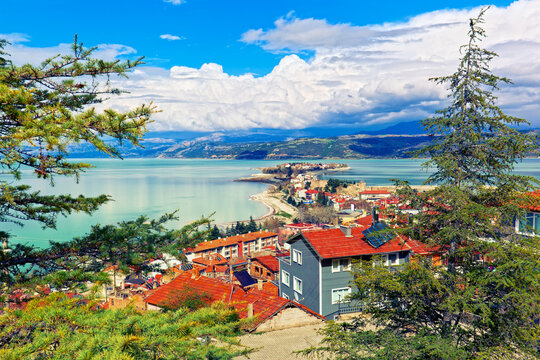 Stunning view of Lake Egirdir and Yesil Ada "Green Island". Egirdir, Isparta Province, Turkey 