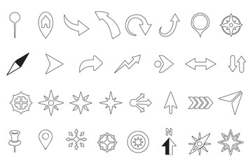 Navigation icons, compass rose symbols, and directional arrows in a black silhouette vector set. Includes map pins, location markers, and route indicators, perfect for GPS, travel,