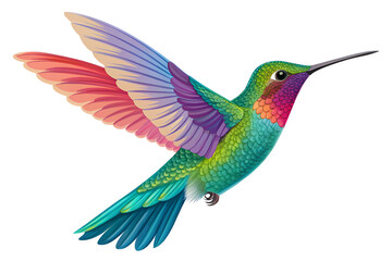 Fototapeta premium A small, colorful hummingbird with rapidly beating wings flies to sip nectar from a tropical flower in a vibrant illustration of nature's wildlife.