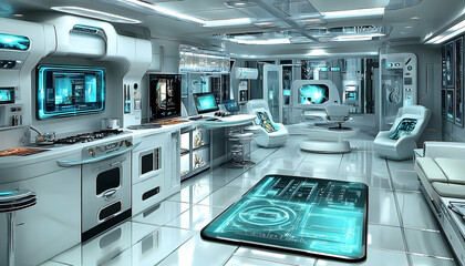 Futuristic high tech kitchen interior design concept