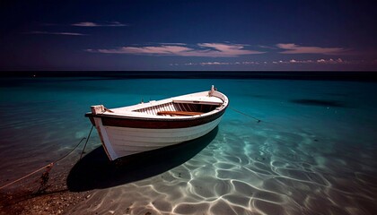 Naklejka premium Pequeño barco de madera blanco en una tranquila orilla del mar turquesa, exposición prolongada, fotografía hiperrealista,