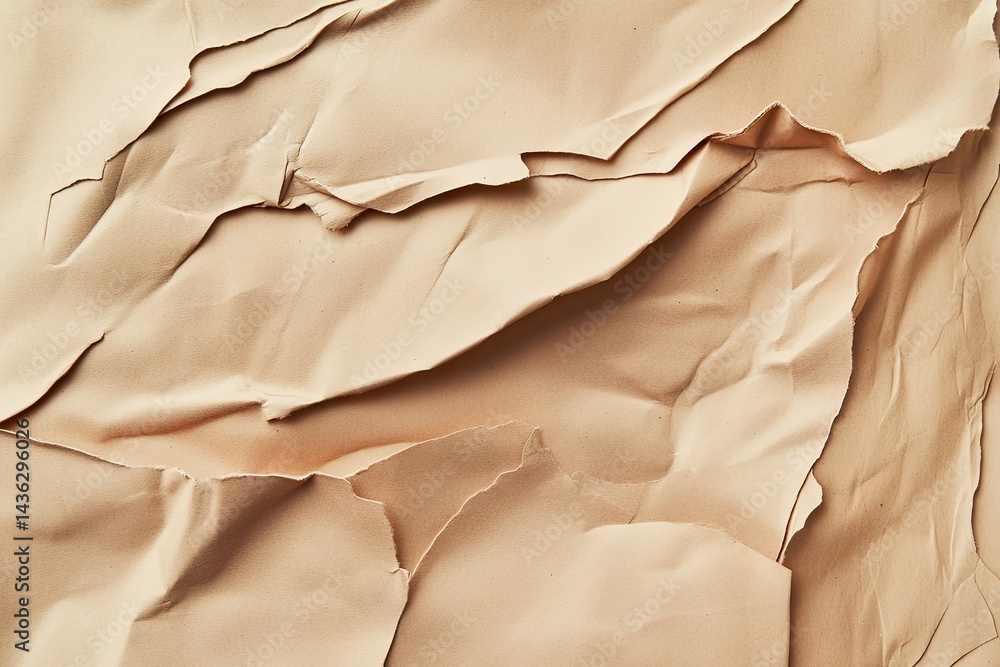 Poster beige crumpled paper texture. intricate folds and rips create a unique design