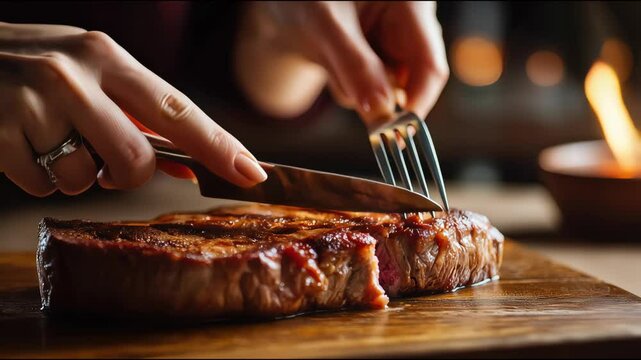 Hands Cutting Juicy Steak on Wooden Table | Cozy Restaurant Video Footage