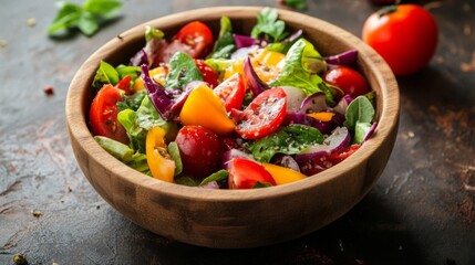 Colorful Vegetable Salad in Wooden Bowl