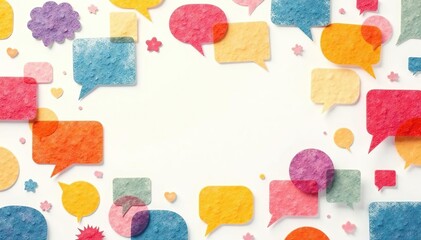Seamless pattern of colorful speech bubbles on white background, surface, repeat, texture