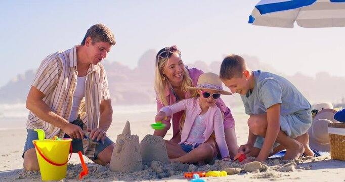 Family, sea and building a sandcastle on vacation, love and laughing together for humor in nature. Parents, support and playing games with kids on holiday, outdoor and funny conversation with toys
