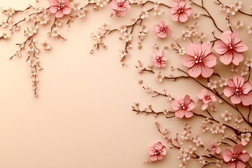 Fototapeta premium Delicate, pastel pink blossoms artfully arranged on a soft peach backdrop.