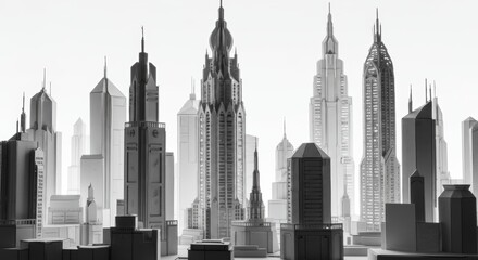 Architectural cityscape with high rise buildings in black and white style evoking urban design and modern architecture