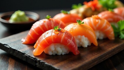 Colorful sushi platter, soy sauce, wasabi, ginger , dinner, japanese