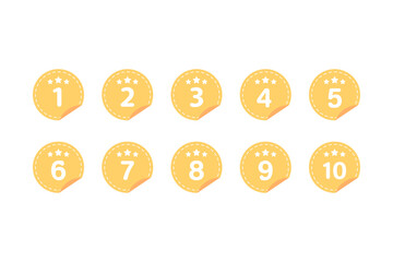 Yellow star number 1 to 10 round label sticker set. Achievement, reward, success concept. Flat decorative vector design isolated illustration.
