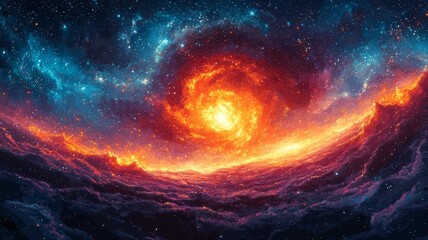 Fototapeta premium Vibrant cosmic swirl: a stunning nebula radiating fiery colors against a starry backdrop, perfect for space-themed projects and celestial inspiration.