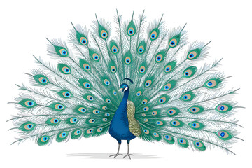Fototapeta premium A vibrant blue peacock, a beautiful bird displaying its colorful feathers in a proud dance against a white backdrop.