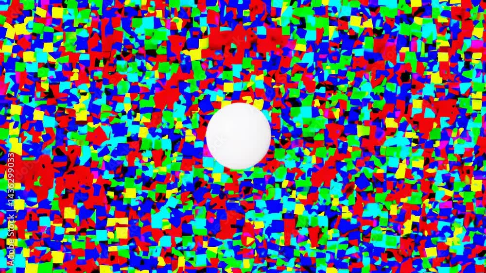 Poster white sphere standing out on a vibrant and chaotic mosaic background, creating a visually striking c