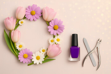 Obraz na płótnie Canvas Nail polish, manicure tools and flower wreath celebrating International Worker's Day, copy space,