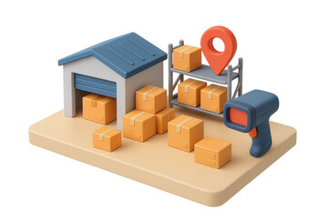 Warehouse with boxes and barcode scanner for efficient package management and logistics. Isolated illustration