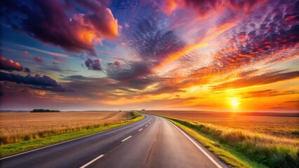 Naklejka premium Asphalt road curves gently through a vast golden field under a breathtaking sunset sky, painted with vibrant hues of orange, purple, and pink