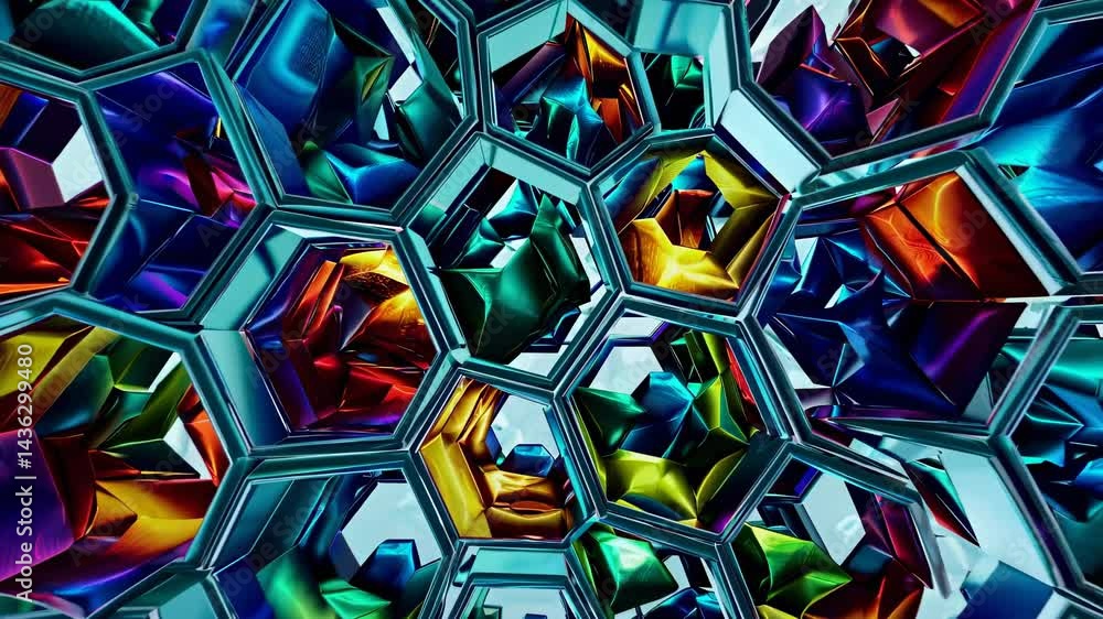 Poster metallic hexagons in vibrant rainbow colors form an intricate and futuristic pattern, resembling a c