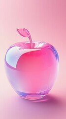 Glossy pink glass apple with a delicate leaf on a pastel background.