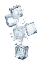 Obraz premium Four ice cubes splashing in water, creating a refreshing and dynamic visual effect in a clean and bright setting. on transparent background