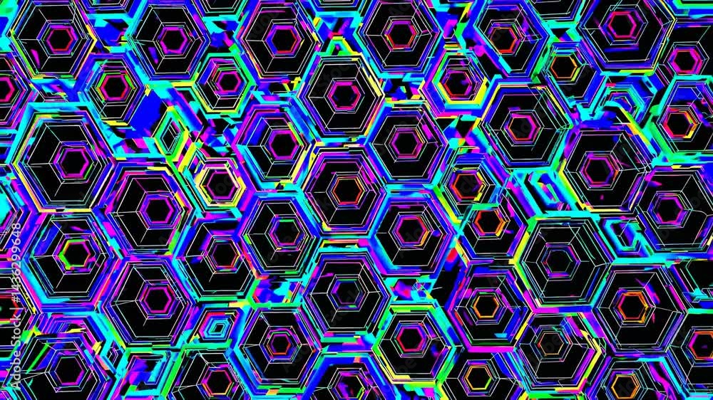 Poster complex overlapping neon hexagons form a vibrant and intricate technological background, ideal for p