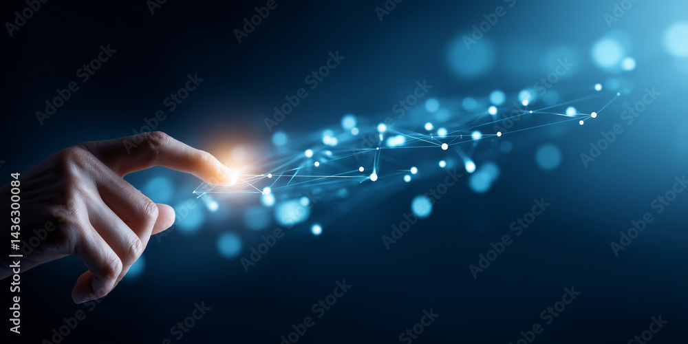 Poster fingertip connecting digital network nodes glowing blue futuristic tech abstract background