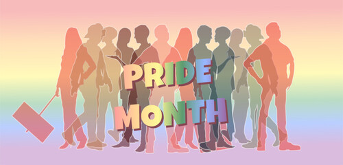 banner Vibrant rainbow silhouette crowd and 3D text celebrating Pride Month on a pastel gradient background