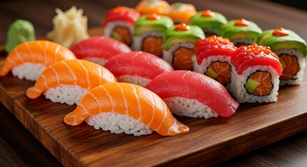 Close up of assorted sushi rolls and nigiri on a wooden board with wasabi and ginger garnish