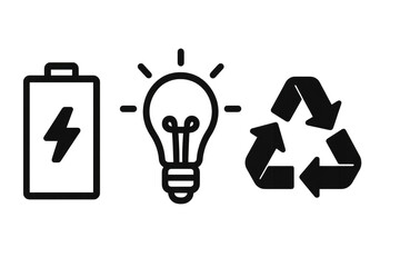 Sustainable energy concepts: battery, lightbulb, and recycling icons for eco-friendly solutions. Isolated illustration