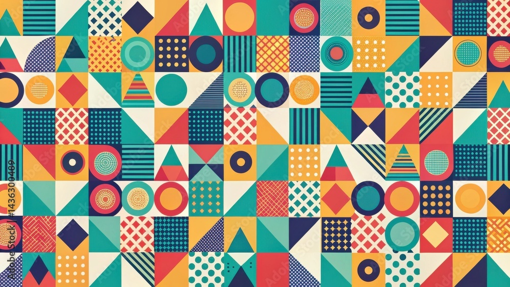 Poster vibrant geometric textile design featuring an array of shapes and patterns in a bold color palette s