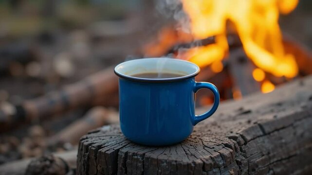 Blue enamel mug near campfire