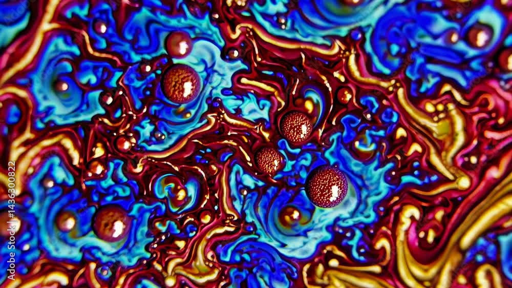 Poster colorful abstract background resembling molten or liquid metal forming swirling patterns with bubble