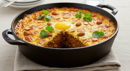 Baked dish with egg almonds and cilantro in a cast iron skillet on a linen napkin surface