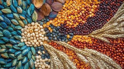 A composition of different grains, including wheat, corn, and barley