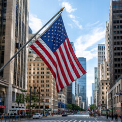 Naklejka premium The US flag hangs in the background of the country's main business street
