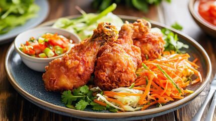 Fototapeta premium Crispy Fried Chicken with Papaya Salad (Som Tum)