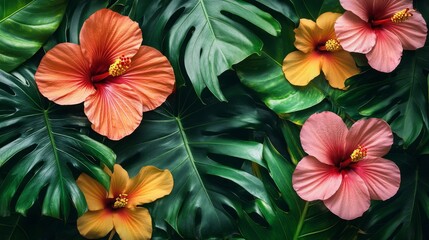 Vibrant Orange Pink Hibiscus Flowers and Lush Green Monstera Leaves