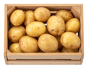 Top View of Wooden Box Full of Fresh Organic Potatoes