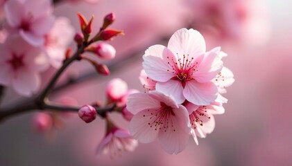 Obraz premium Delicate pink cherry blossoms, full bloom, soft focus, art, floral background