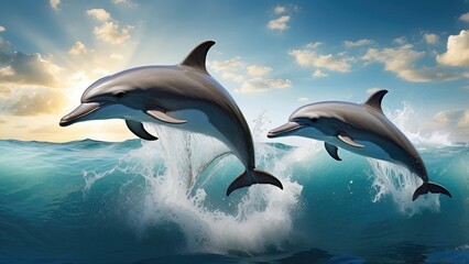 Pair of Dolphins Leaping Out of Ocean on a Clear Day
