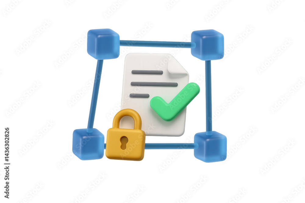 Aufkleber blockchain document security with encryption and verification symbols in 3d illustration. isolated i