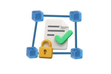 Blockchain document security with encryption and verification symbols in 3d illustration. Isolated illustration