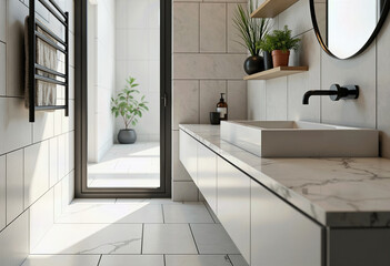 Open Plan Bathroom Retreat: A Stunning Close-Up of a Modern Bathroom Featuring Square White Tiles, a Round Mirror, Marble Shelf, Potted Plant, and a Light Marble Countertop Bathed in Soft Natural Ligh